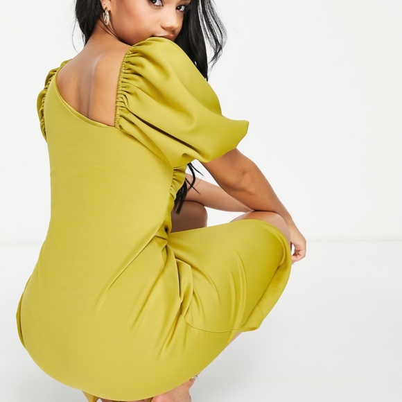 ASOS DESIGN Asymmetric Puff Sleeve Knot Tuck Midi Dress in Lime Size 2 - Picture 5 of 17